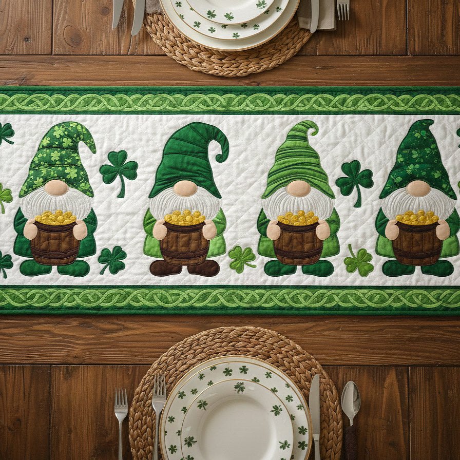 Green Gnomes with Gold Pots Table Runner