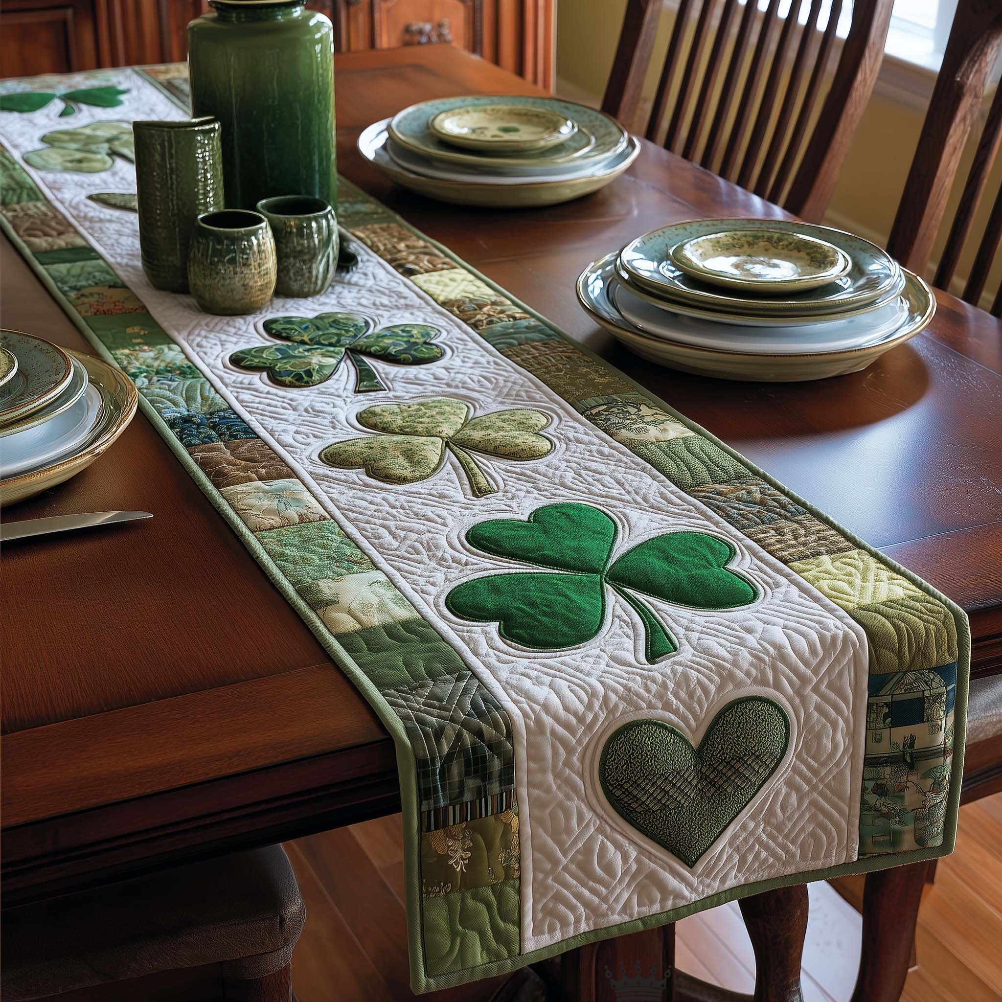 Shamrocks on Cream with Green Trim Table Runner