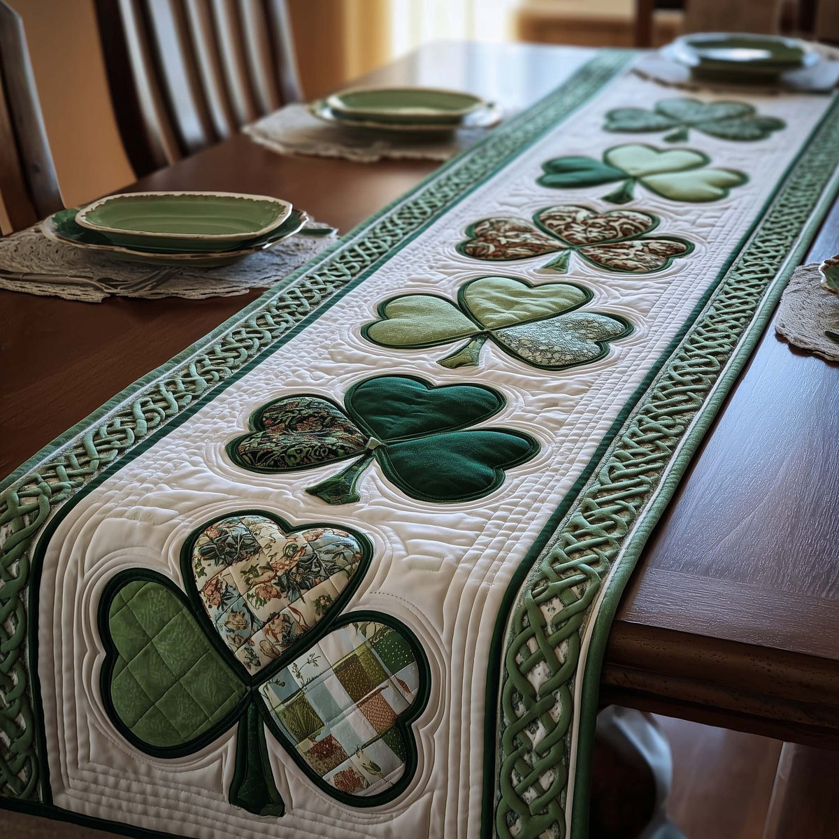 Patterned Shamrocks on White Table Runner