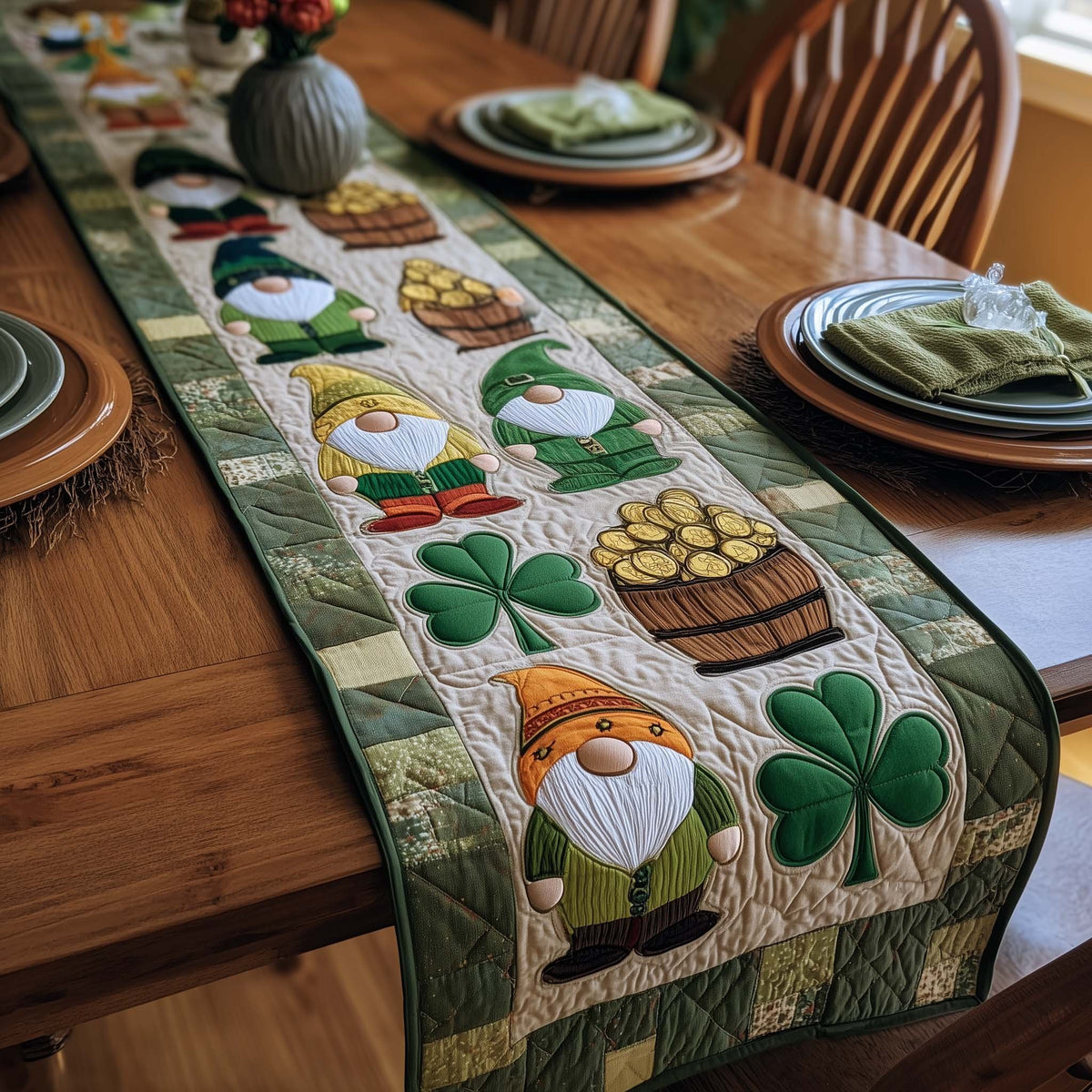 Gnomes with Shamrocks and Gold Barrels Table Runner