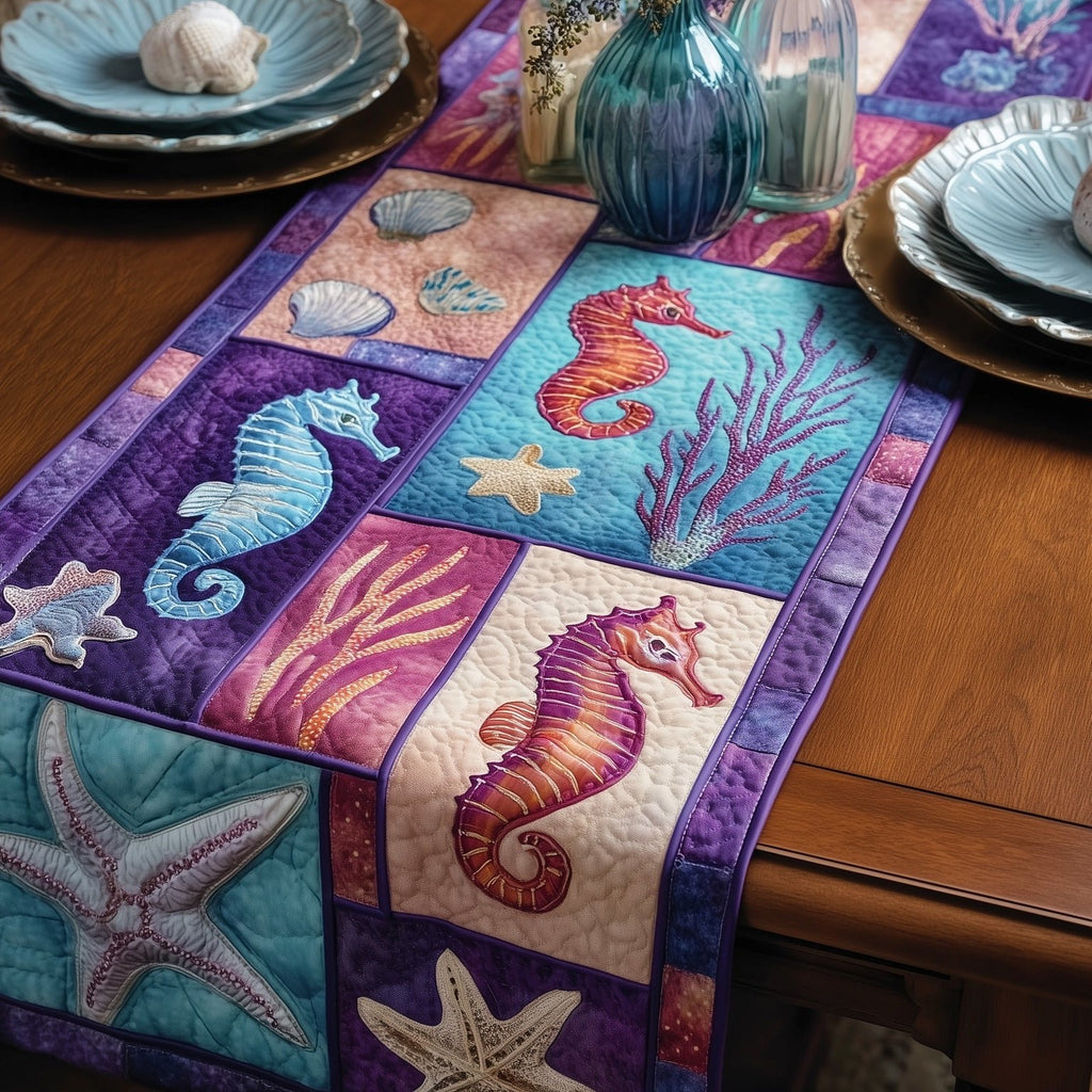 Seahorses on Purple Blocks Table Runner