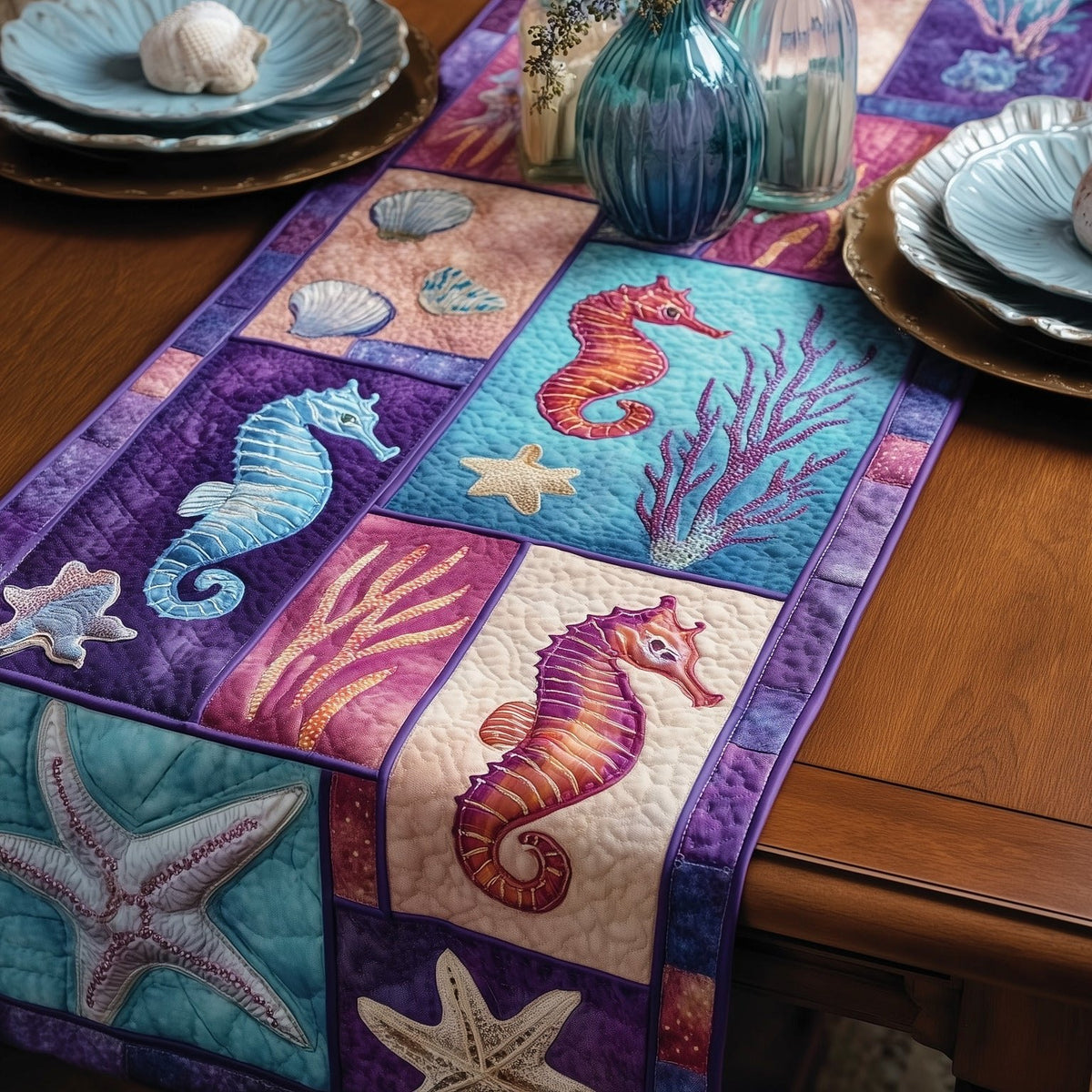 Seahorses on Purple Blocks Table Runner