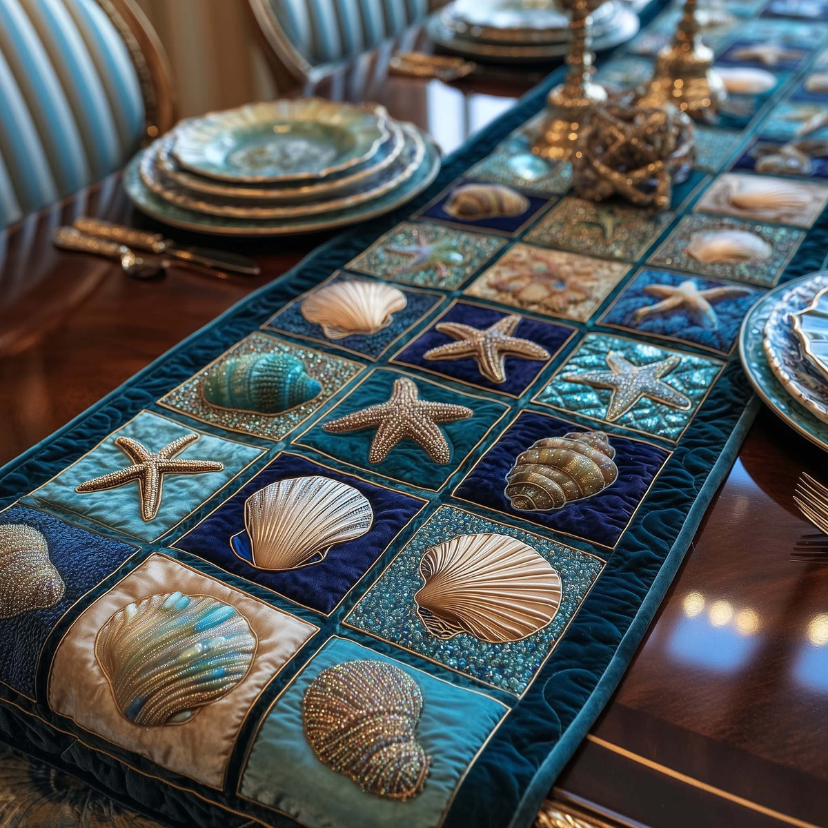 Shell Blocks in Deep Teal Table Runner