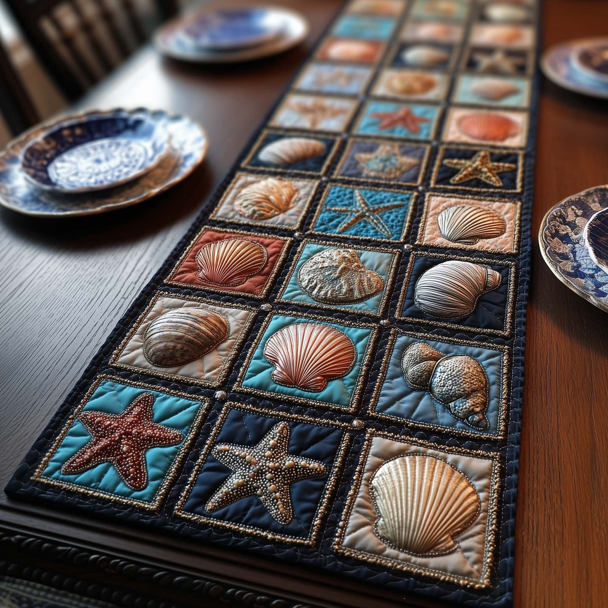 Shell Blocks in Brown and Teal Table Runner