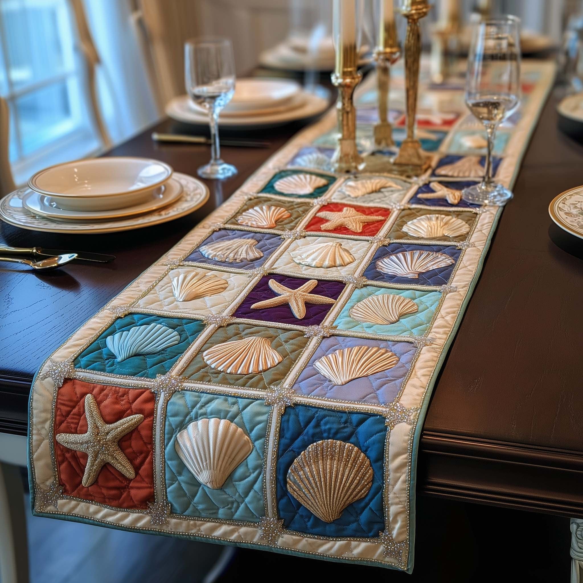 Shell Blocks in Soft Blue and Cream Table Runner