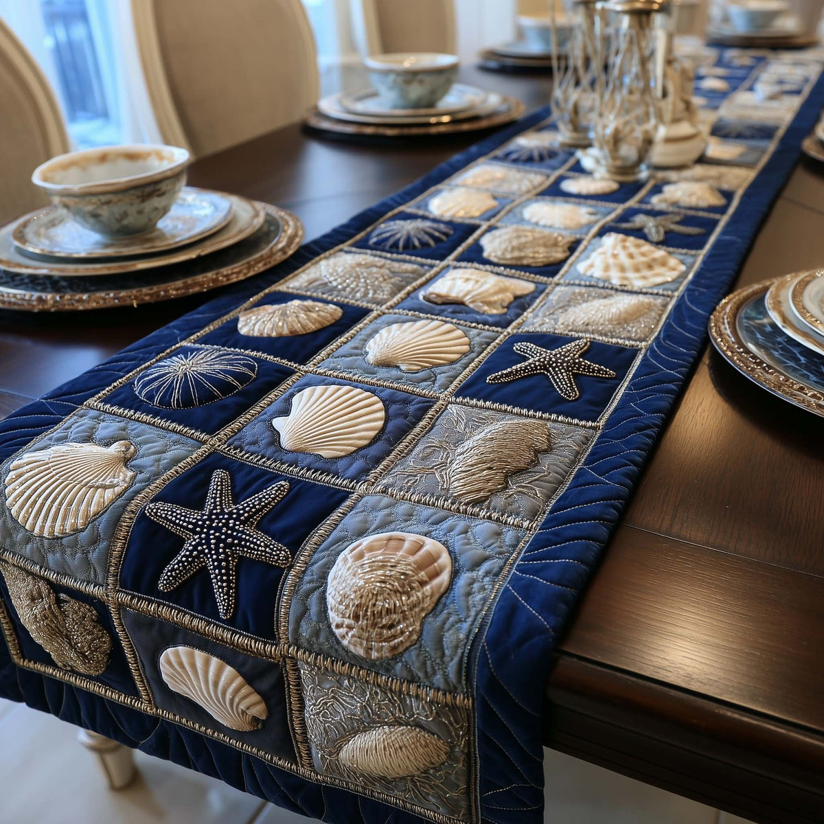 Shells on Navy and Grey Squares Table Runner