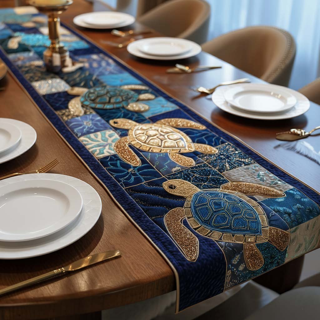Gold and Blue Turtle Patchwork Table Runner