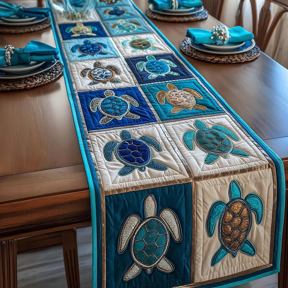 Turquoise Turtle Tiles on White Table Runner