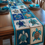 Turquoise Turtle Tiles on White Table Runner