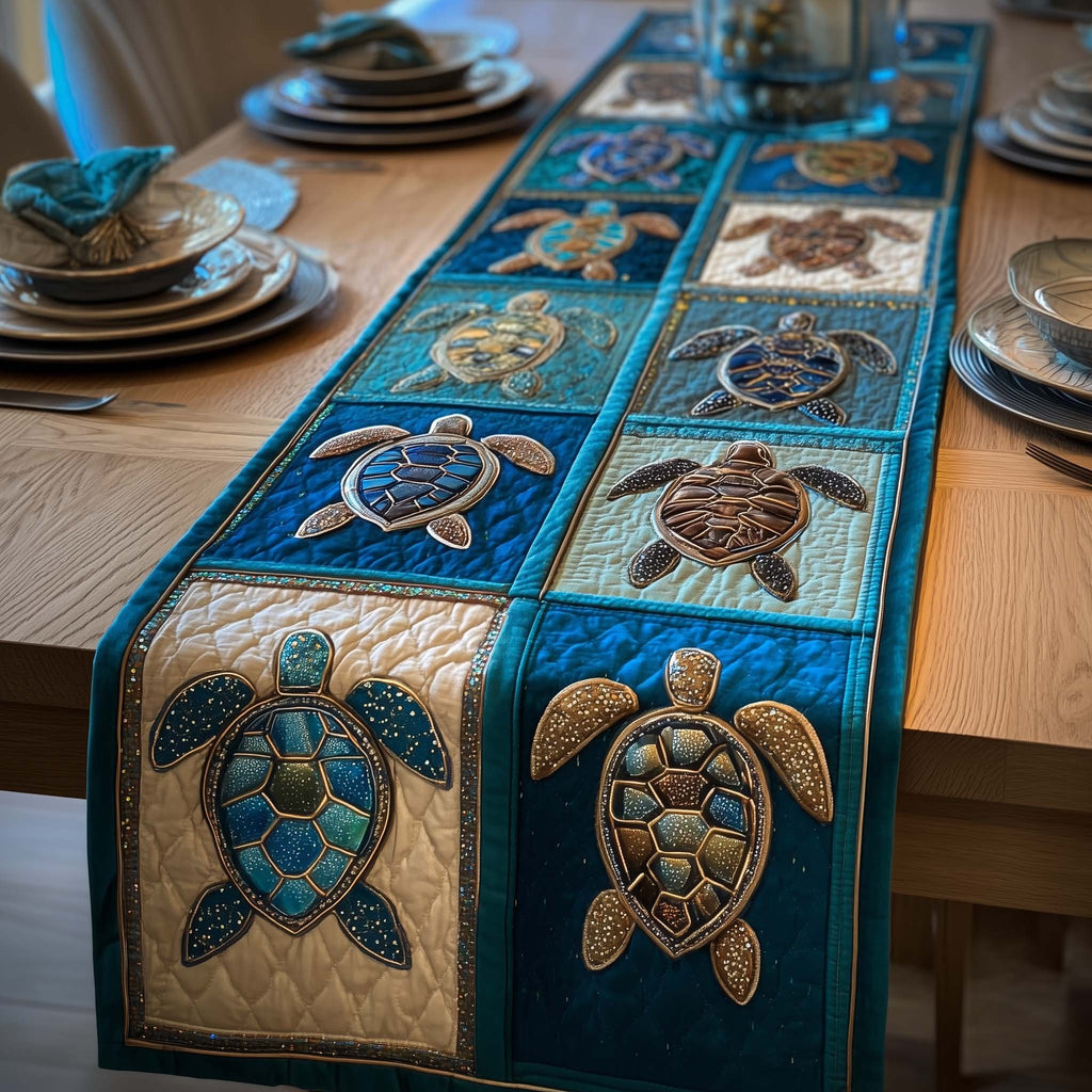 Teal and Cream Turtle Squares Table Runner