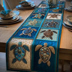Teal and Cream Turtle Squares Table Runner