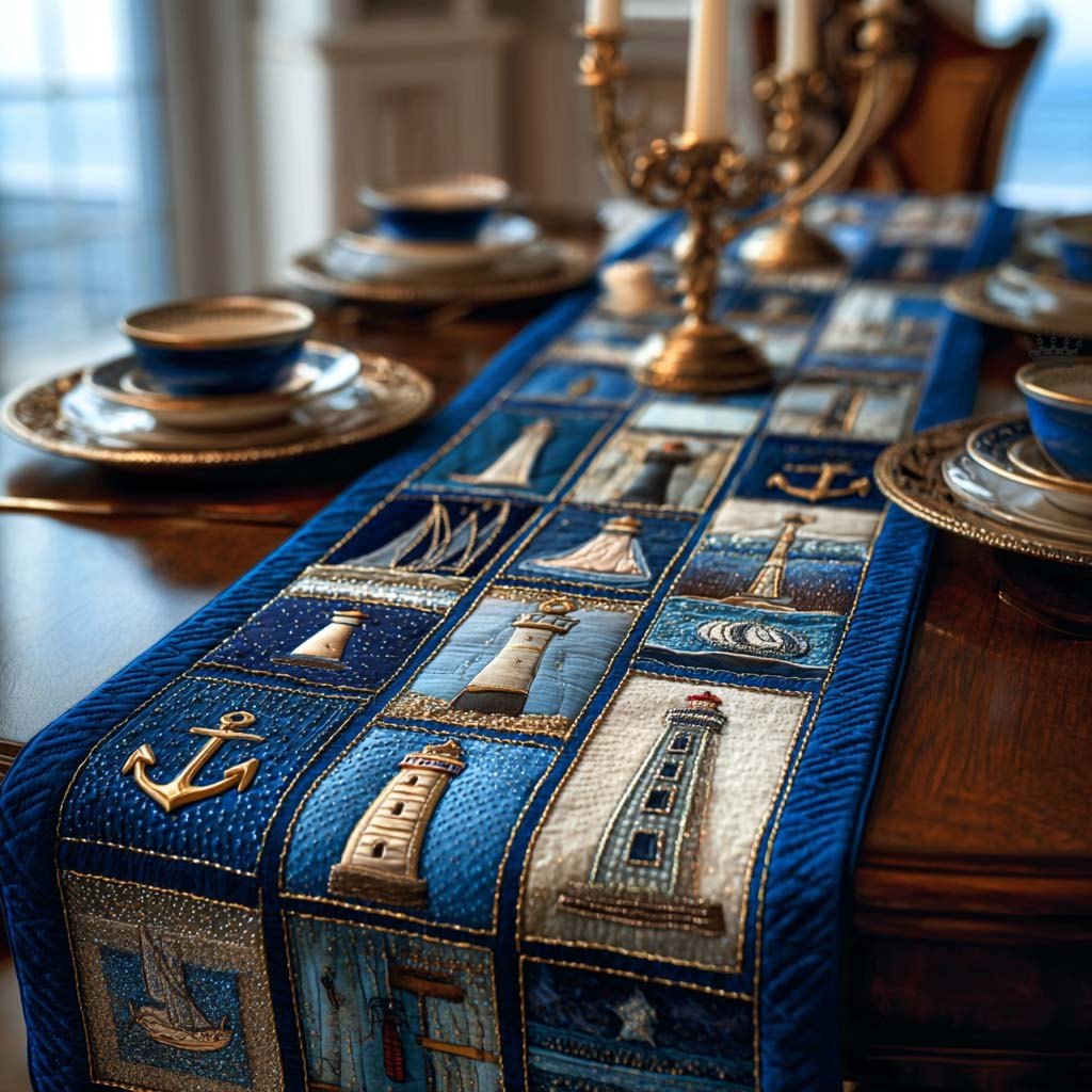 Lighthouses and Anchors in Blue Blocks Table Runner
