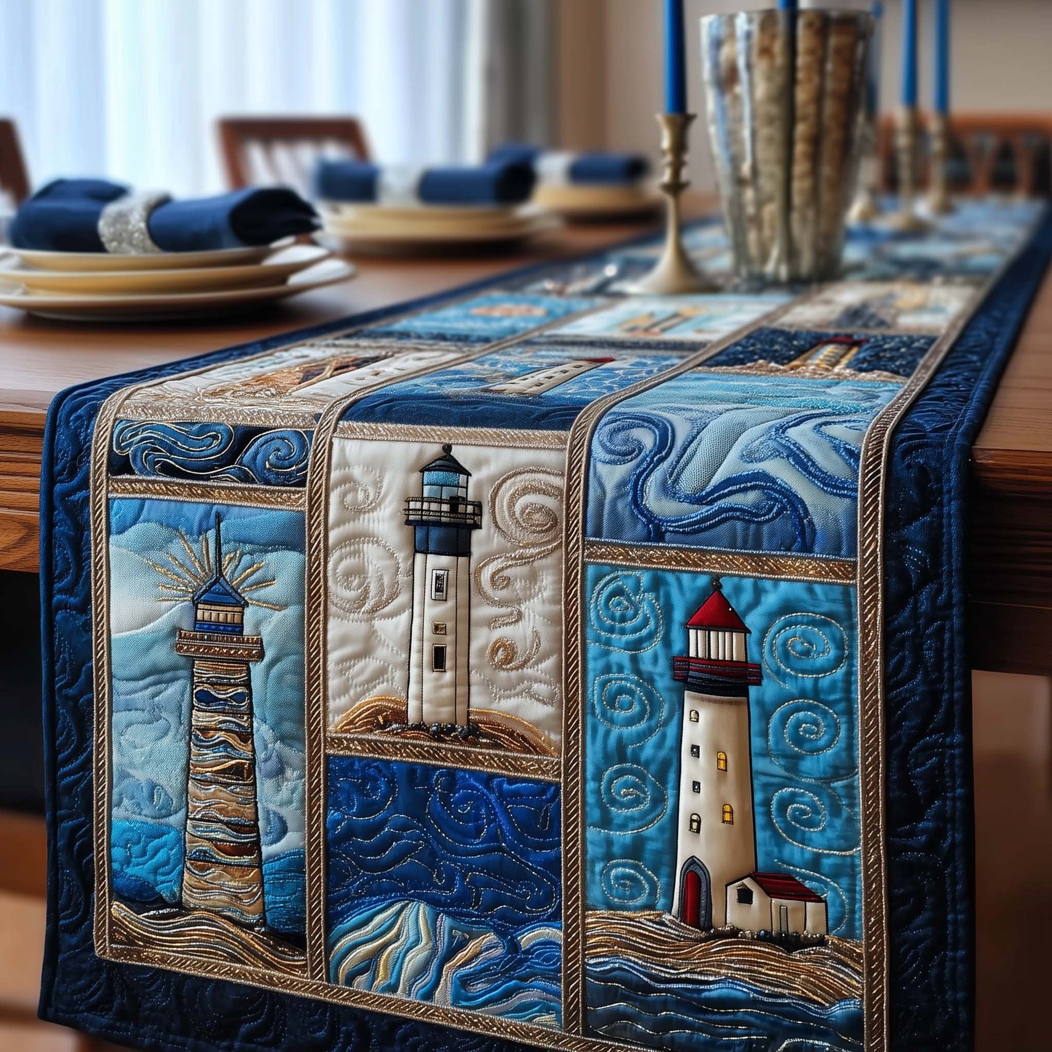 Lighthouses on Swirling Blue Table Runner