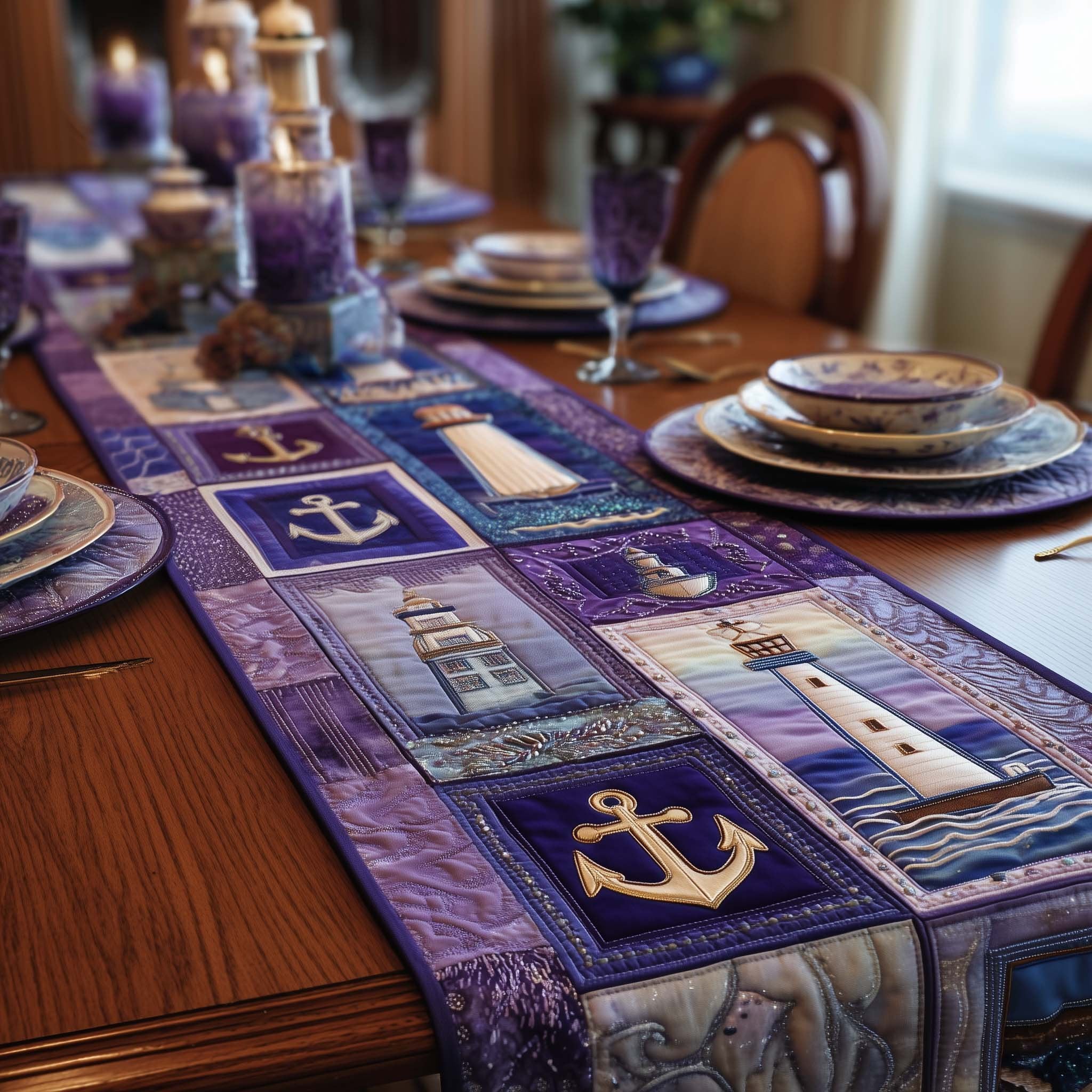 Lighthouse and Anchor on Purple Table Runner