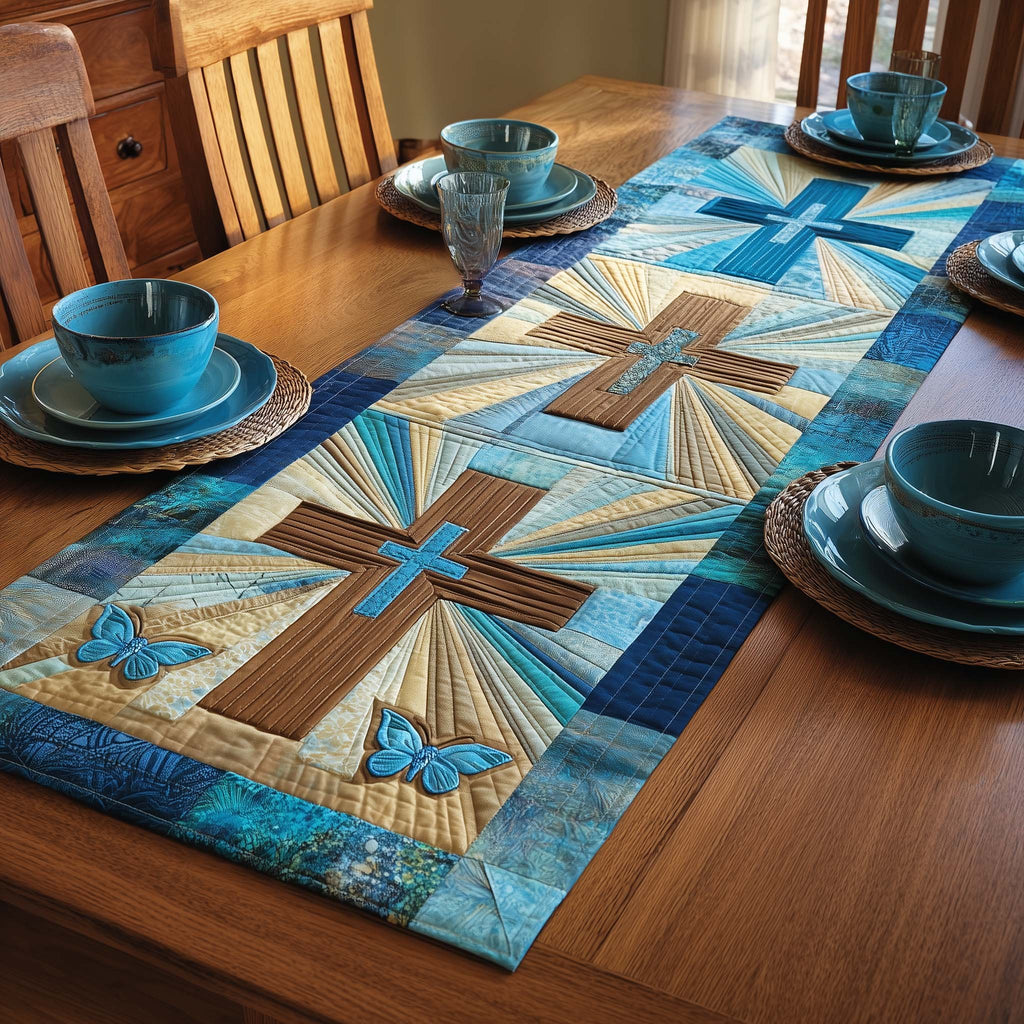 Cross on Blue Starburst Quilt Table Runner