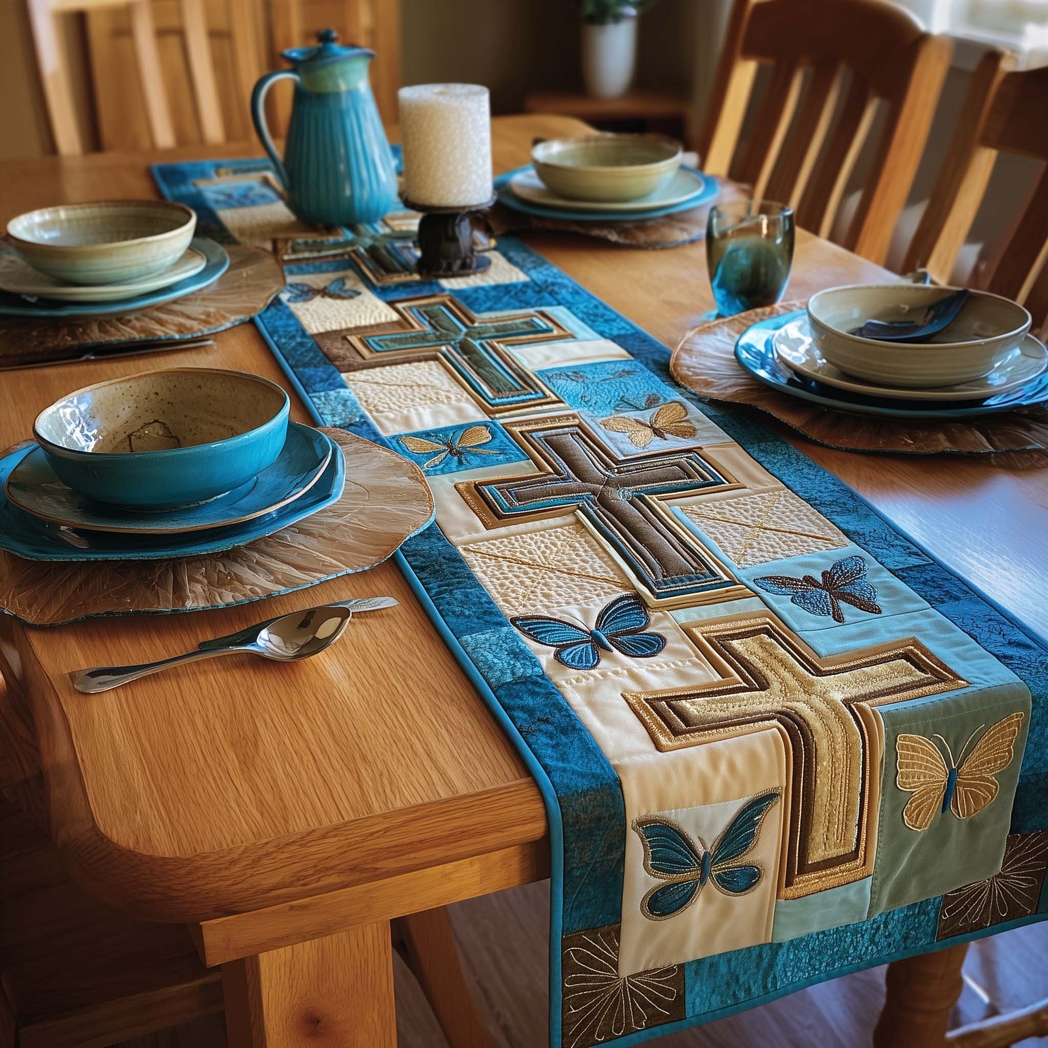 Crosses with Butterflies on Blue Table Runner