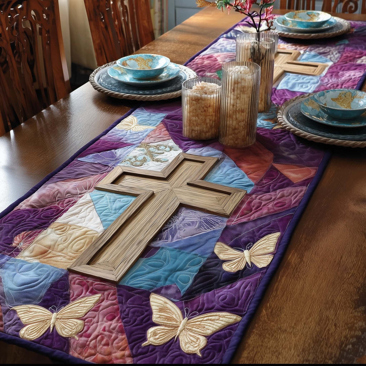 Wooden Cross with Purple Butterflies Table Runner
