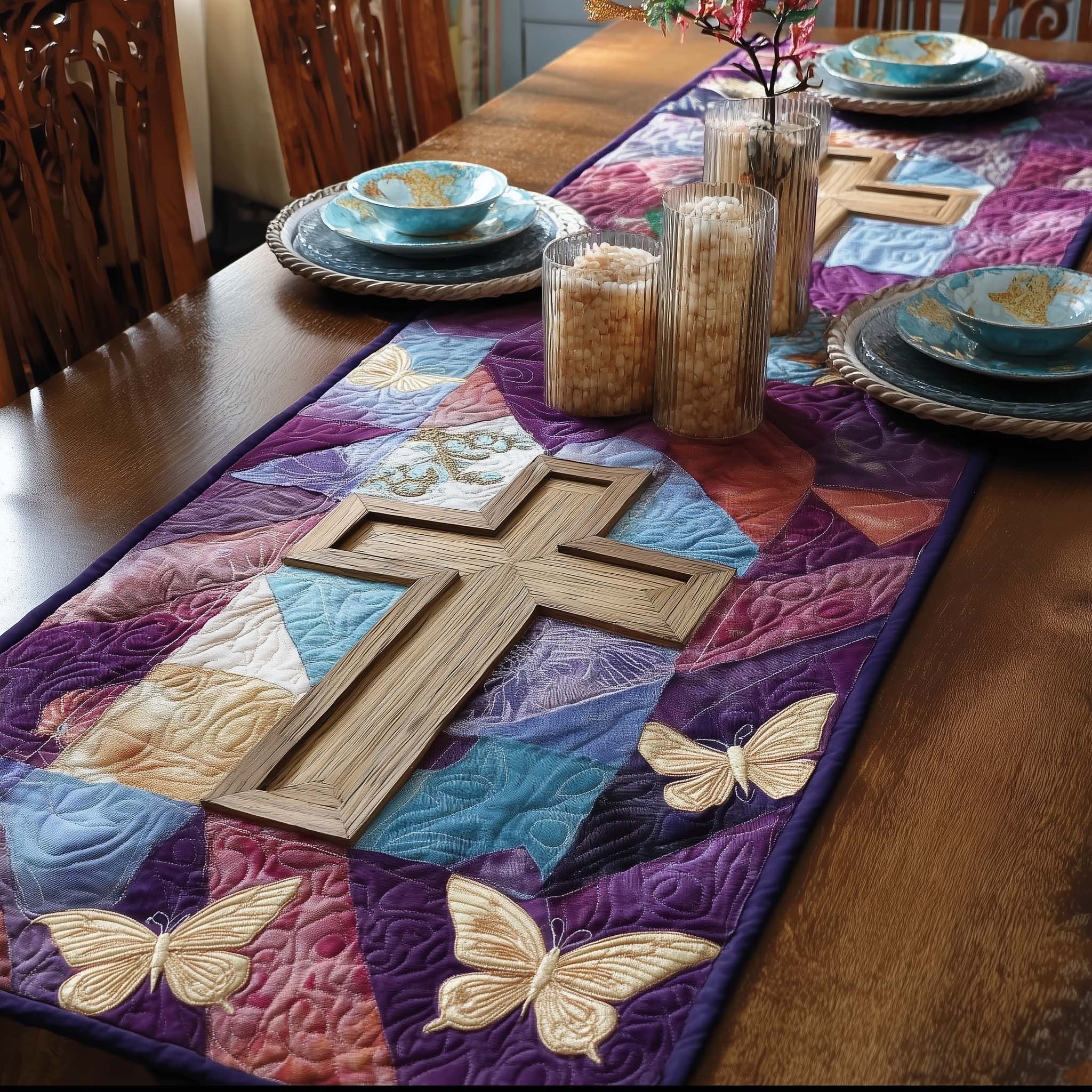 Wooden Cross with Purple Butterflies Table Runner