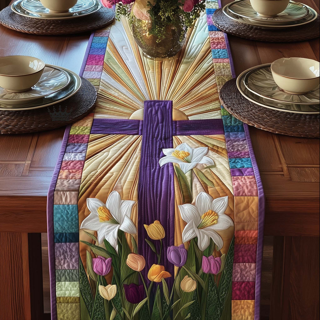 Cross with White Lilies and Tulips Table Runner