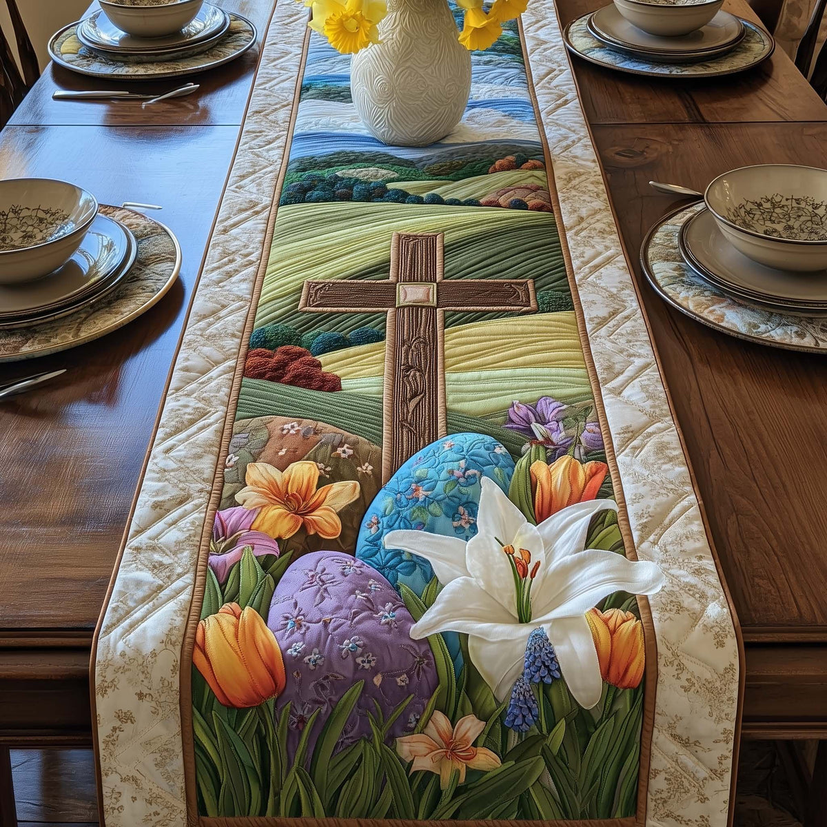 Cross Among Tulips and Lilies Table Runner