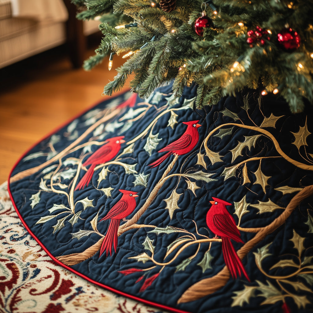 Cardinals on Navy with Golden Leaves Christmas Tree Skirt
