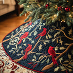 Cardinals on Navy with Golden Leaves Christmas Tree Skirt