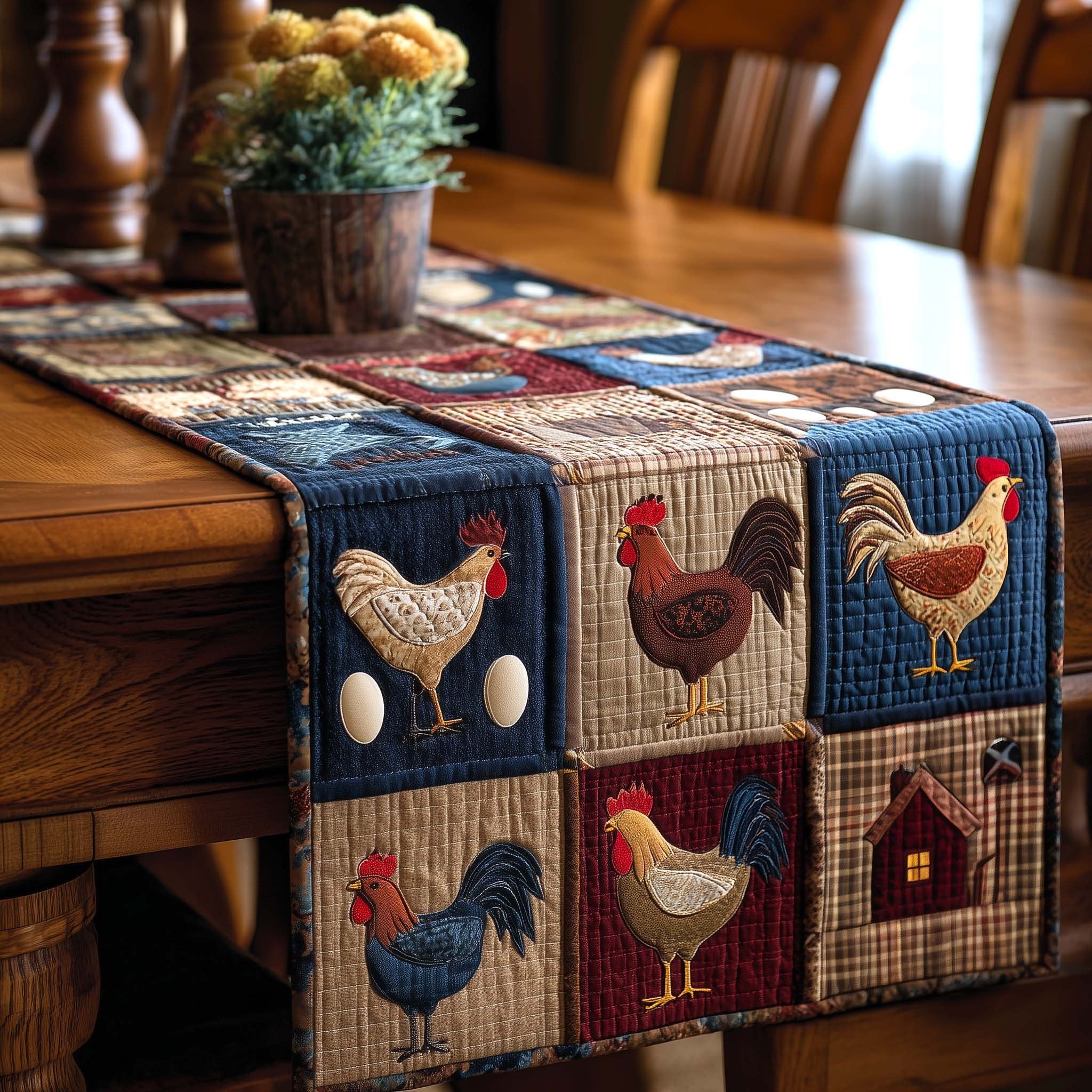 Chickens and Eggs in Blue Blocks Table Runner