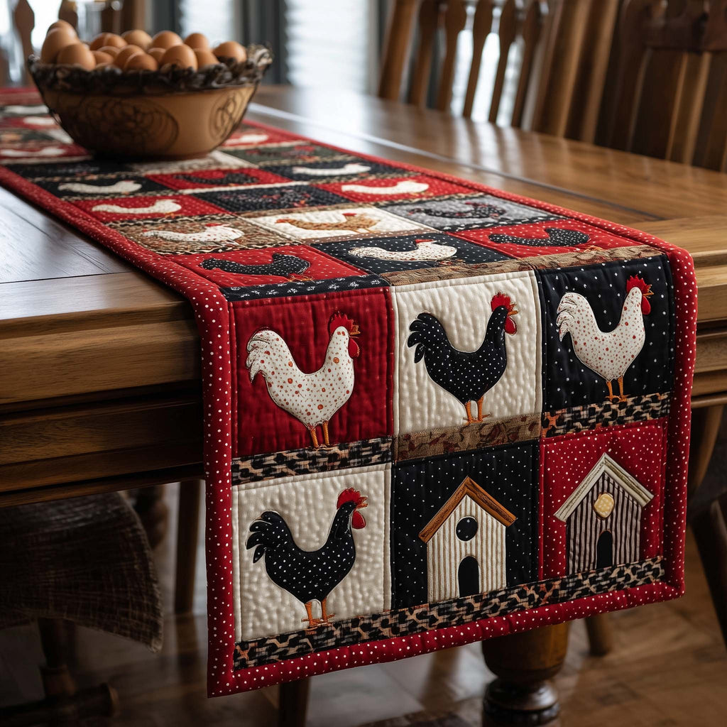 Chickens and Barns in Red Blocks Table Runner