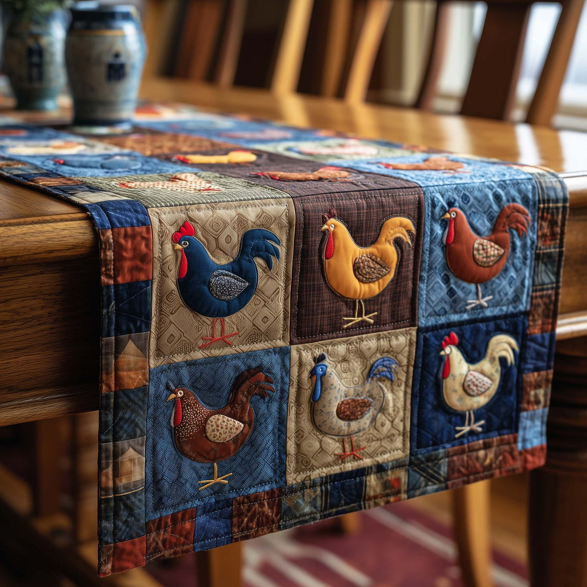 Roosters in Denim Quilt Blocks Table Runner