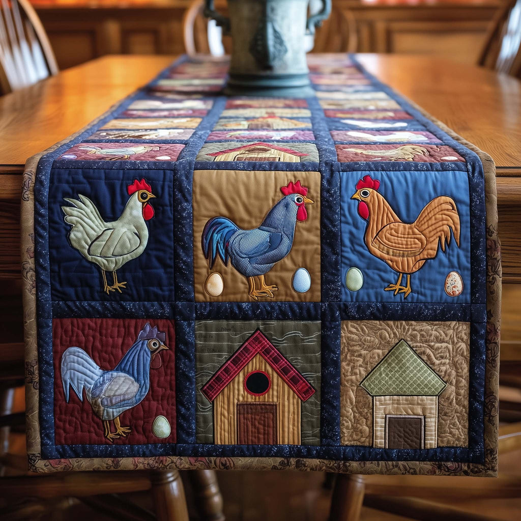 Roosters Eggs and Birdhouse Blocks Table Runner