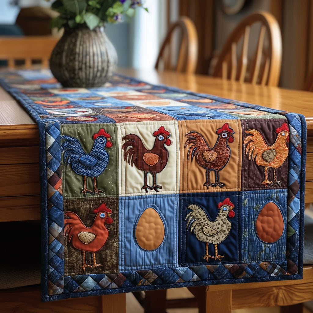 Roosters and Eggs on Blue Squares Table Runner