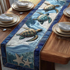 Sea Turtles with Starfish on Pale Blue Table Runner