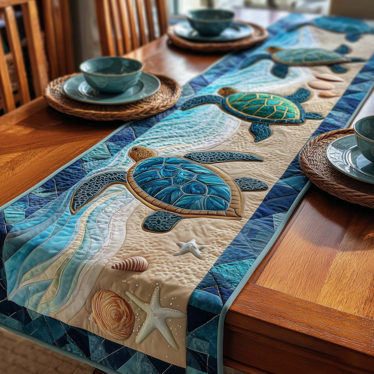 Turtles on Sand and Blue Water Table Runner