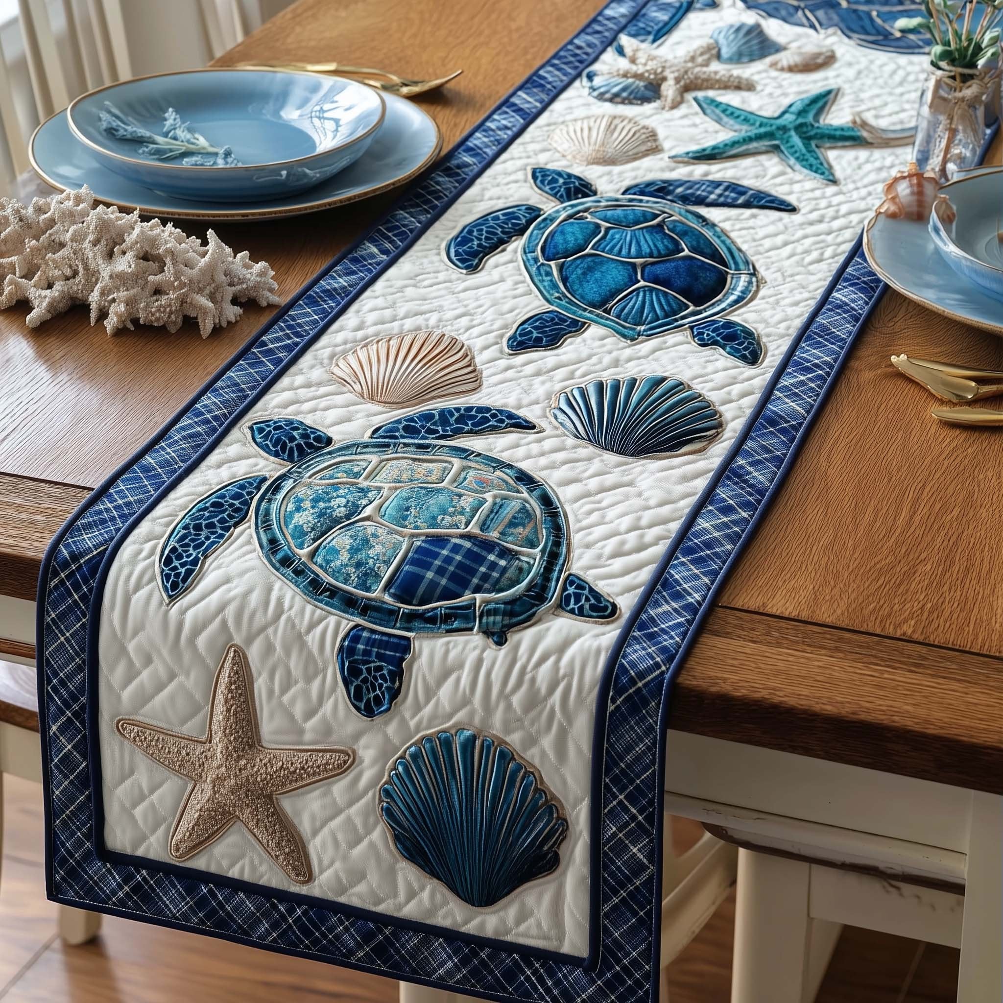 Blue Turtles and Shells on Cream Table Runner