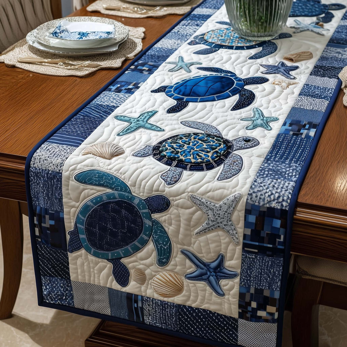 Blue Turtles with Starfish Patchwork Table Runner