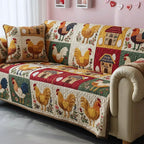 Roosters on Red and Cream Folk Squares Sofa Cover