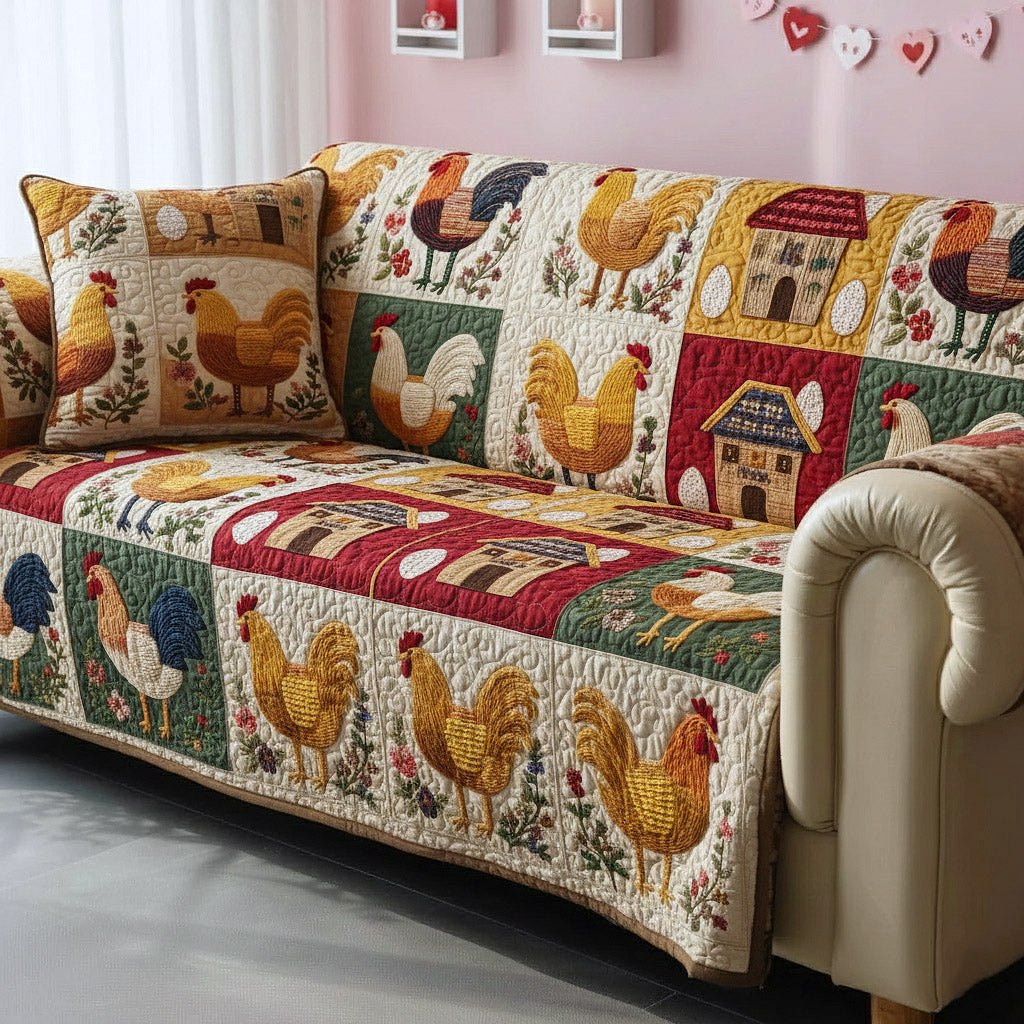 Roosters on Red and Cream Folk Squares Sofa Cover