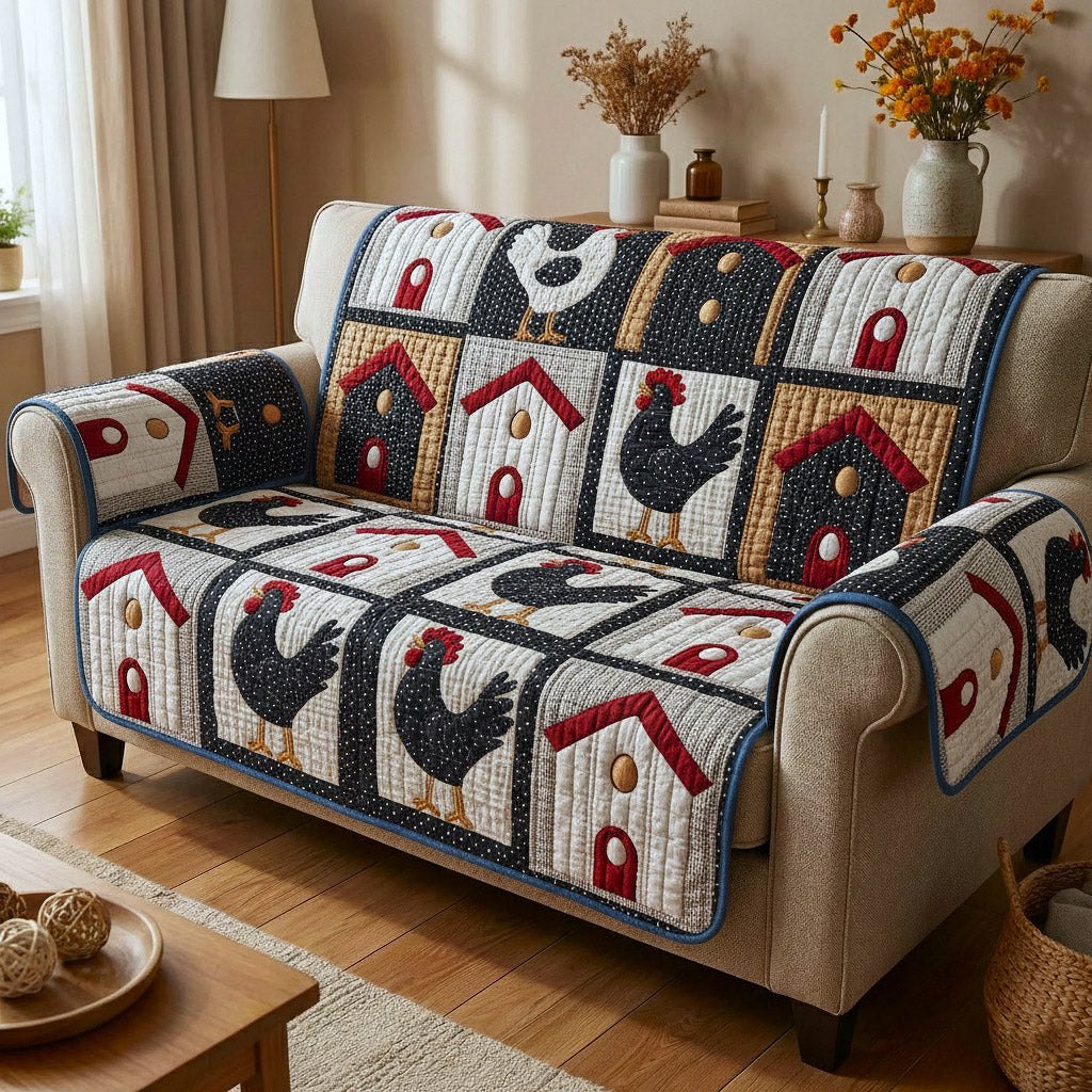Hens and Birdhouses on Navy Patches Sofa Cover