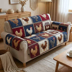 Roosters on Navy and Red Patchwork Sofa Cover