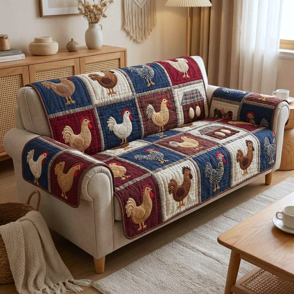 Roosters on Navy and Red Patchwork Sofa Cover