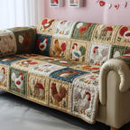 Roosters on Green and Cream Patches Sofa Cover