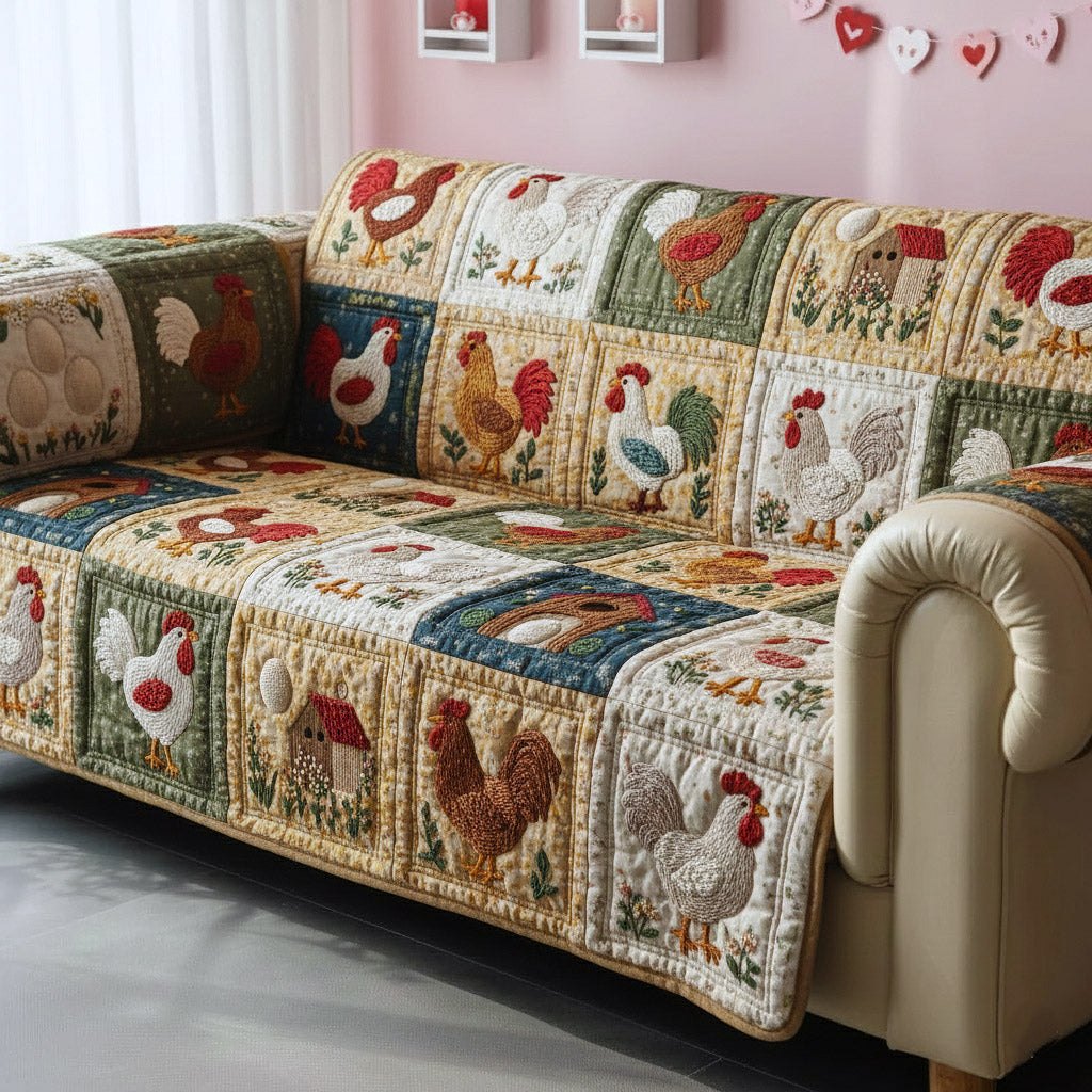 Roosters on Green and Cream Patches Sofa Cover