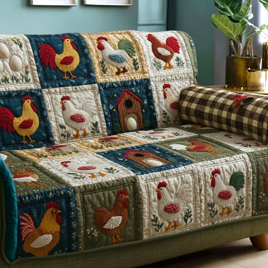 Chickens and Birdhouse on Blue Patches Sofa Cover