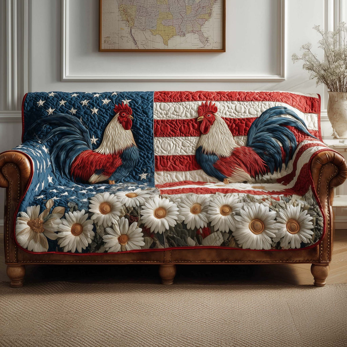 Roosters on the Flag with Daisies Sofa Cover