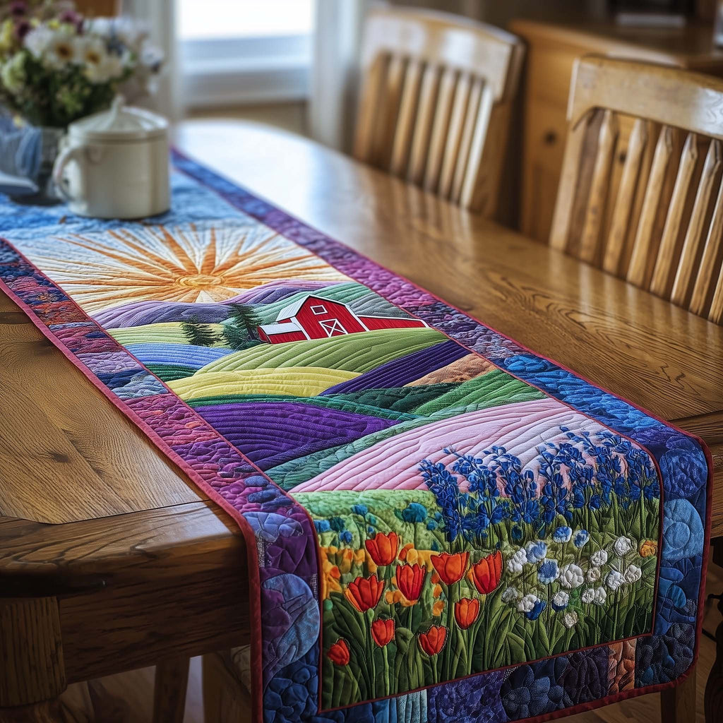 Red Barn Above Tulip Fields Table Runner