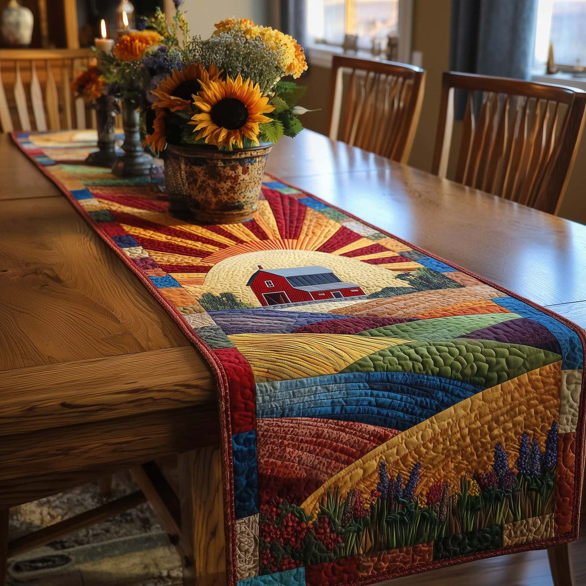 Red Barn Under a Sunset Sky Table Runner