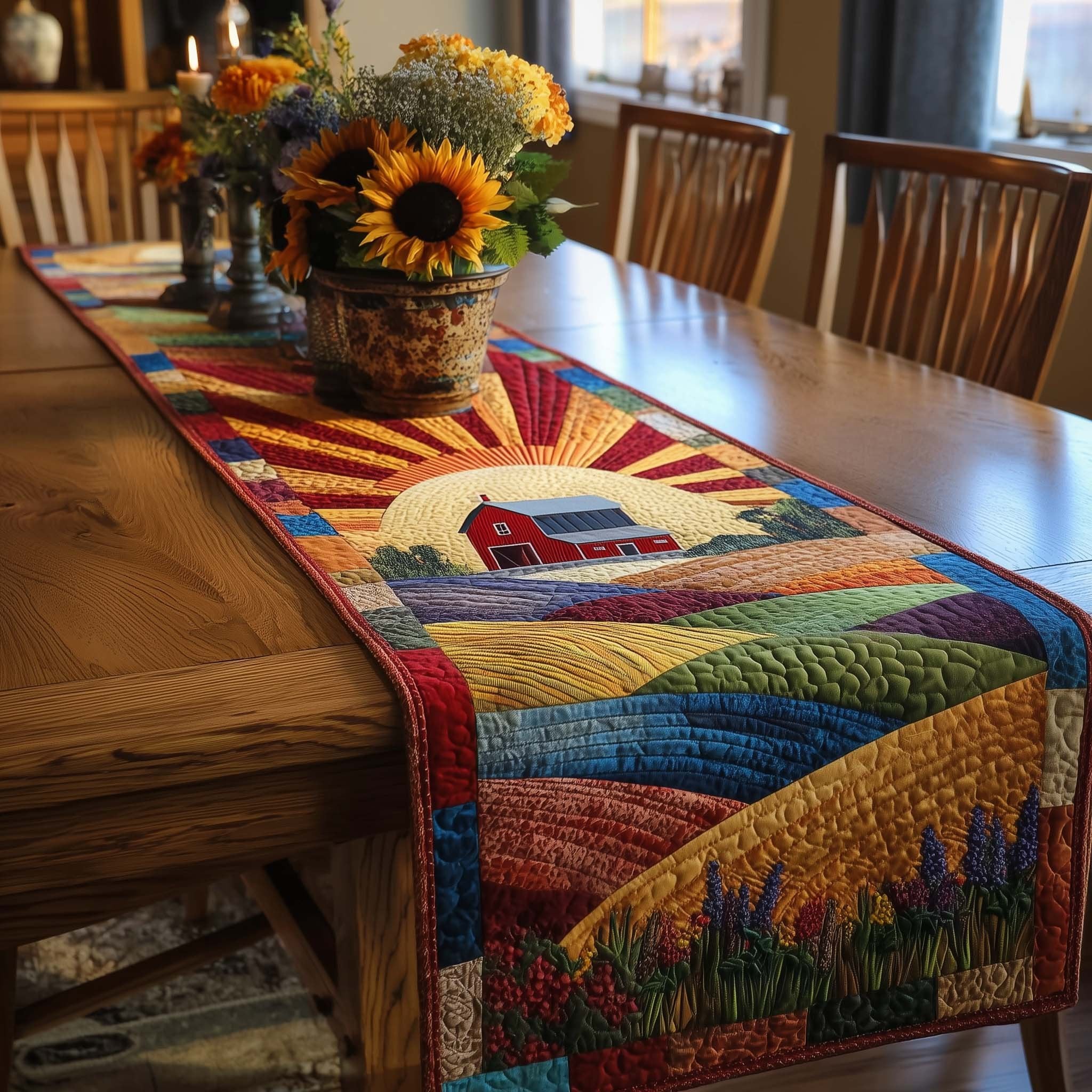 Red Barn Under a Sunset Sky Table Runner
