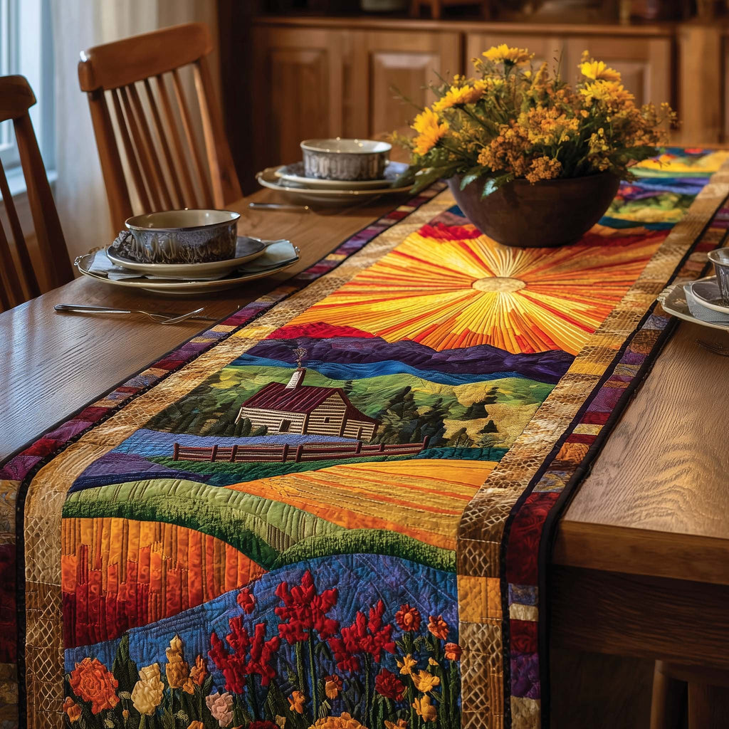 Farmhouse at Sunrise Over Fields Table Runner