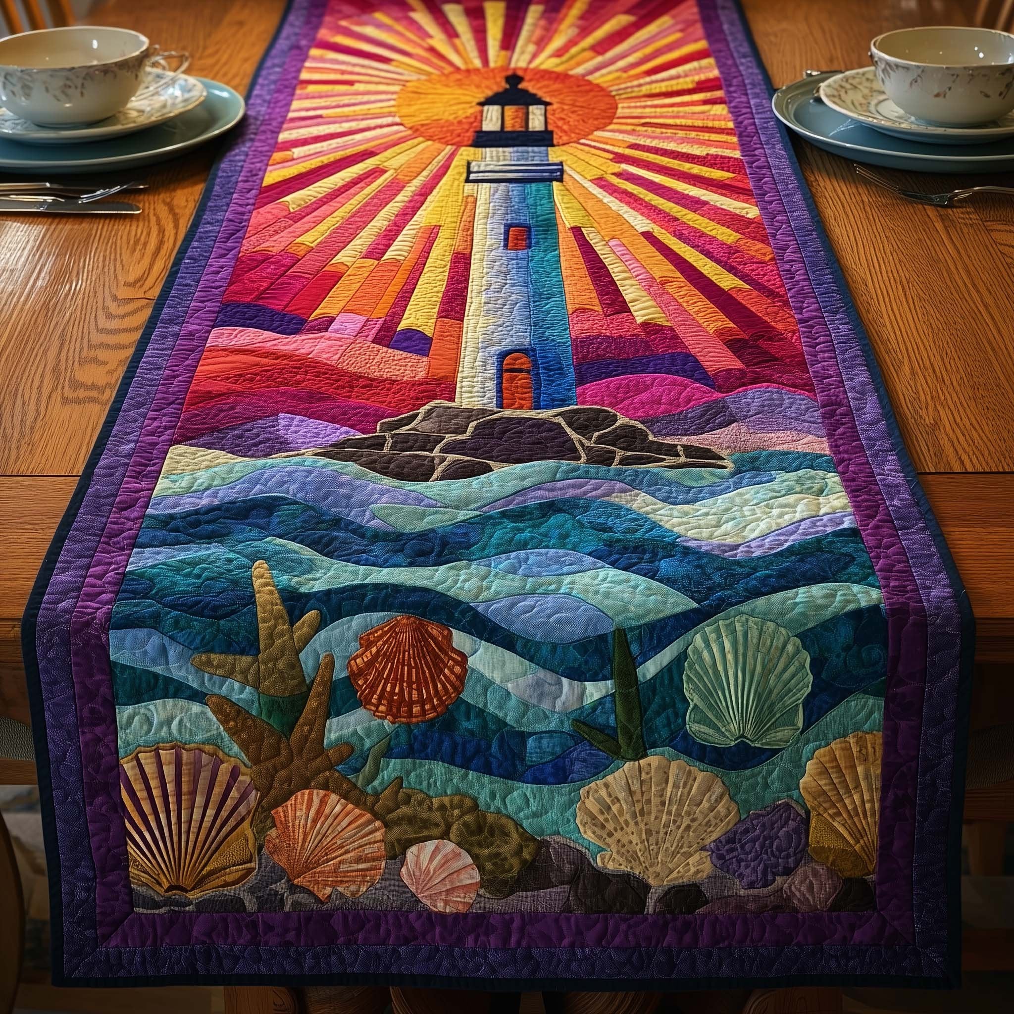 Lighthouse with Sun Rays and Shells Table Runner