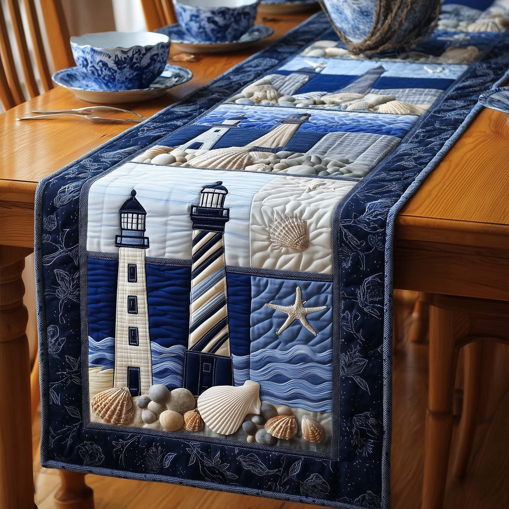 Lighthouses on Blue Quilt Blocks Table Runner